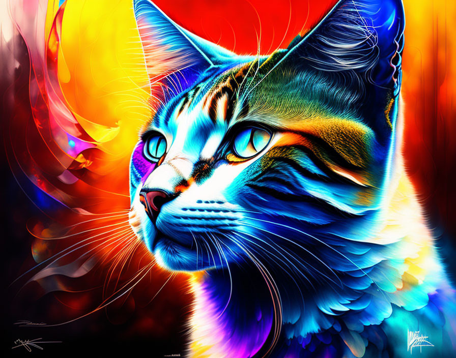 Colorful Cat Digital Artwork with Blue, Orange, and Red Tones