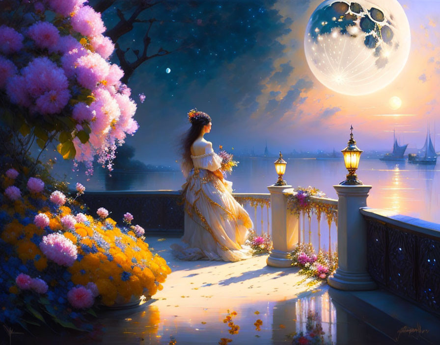 Woman in flowing dress on balcony overlooking serene harbor under full moon