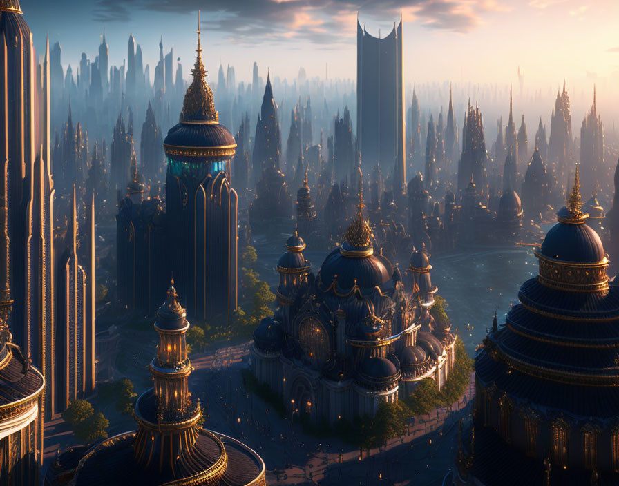 Ornate golden domes and towering spires in a fantastical cityscape