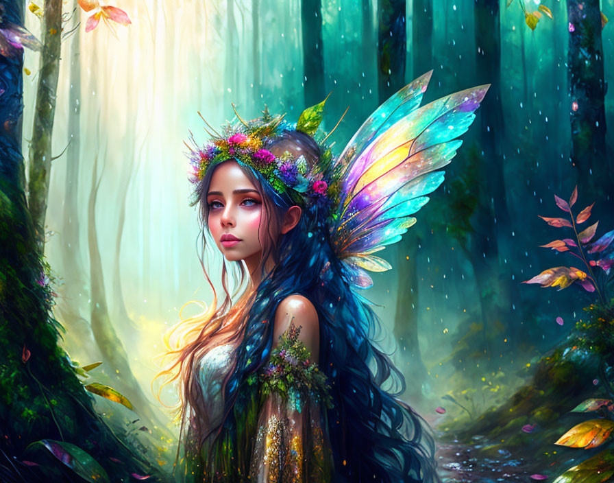 Enchanting fairy with iridescent wings in mystical forest