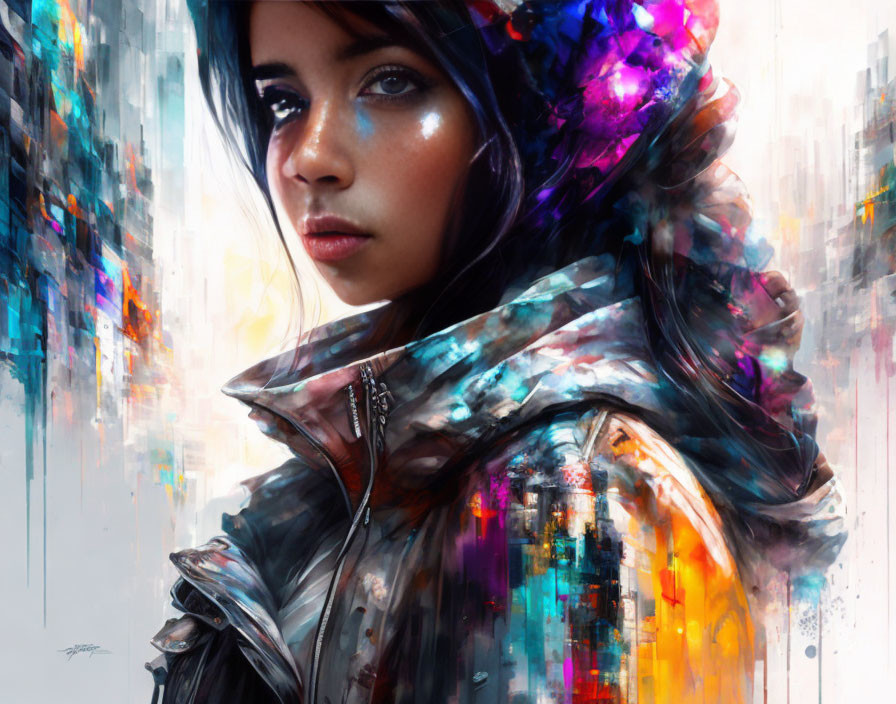 Captivating digital artwork of a woman in reflective hoodie with vibrant abstract backdrop