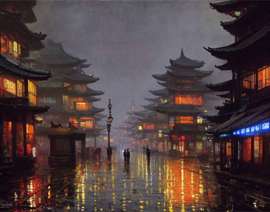 Traditional Asian Street Scene with Lanterns and Silhouettes