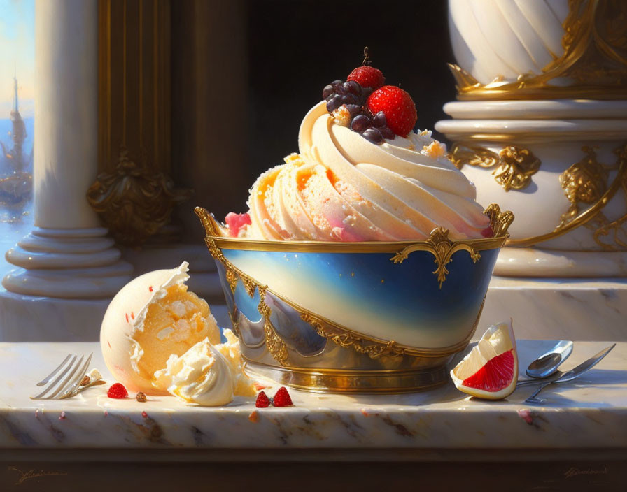 Realistic painting of sumptuous ice cream dessert with berries in ornate bowl