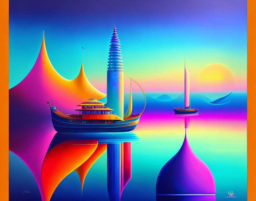 Futuristic digital artwork: sleek ship, spiraling towers, floating structures, mirrored on glass surface