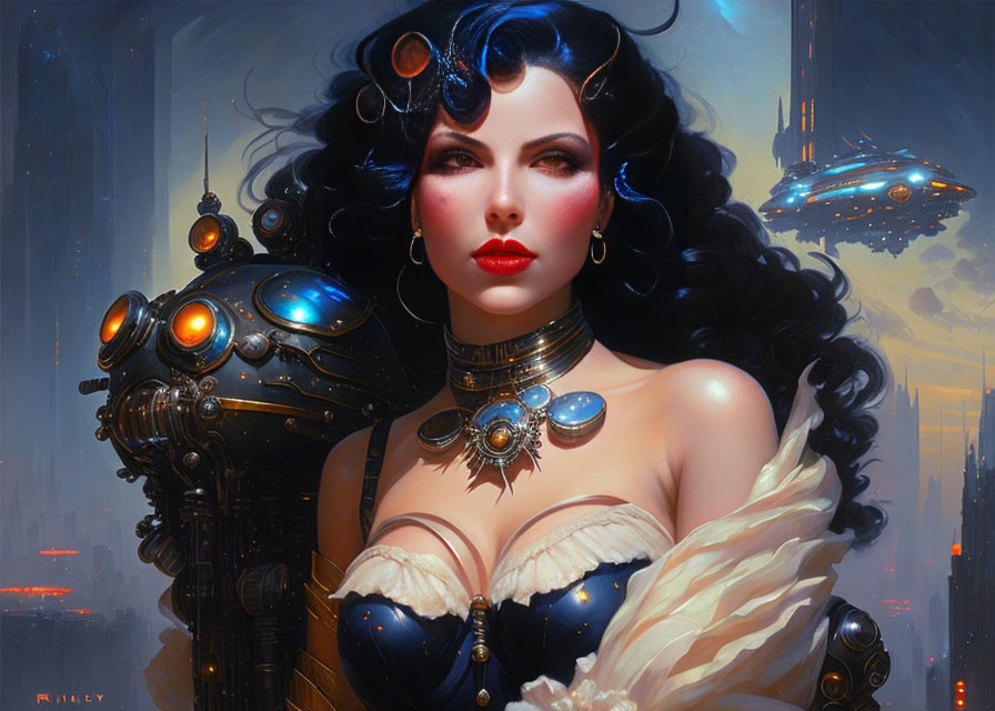 Futuristic image: Woman with black hair, red lipstick, golden jewelry, and robot in city