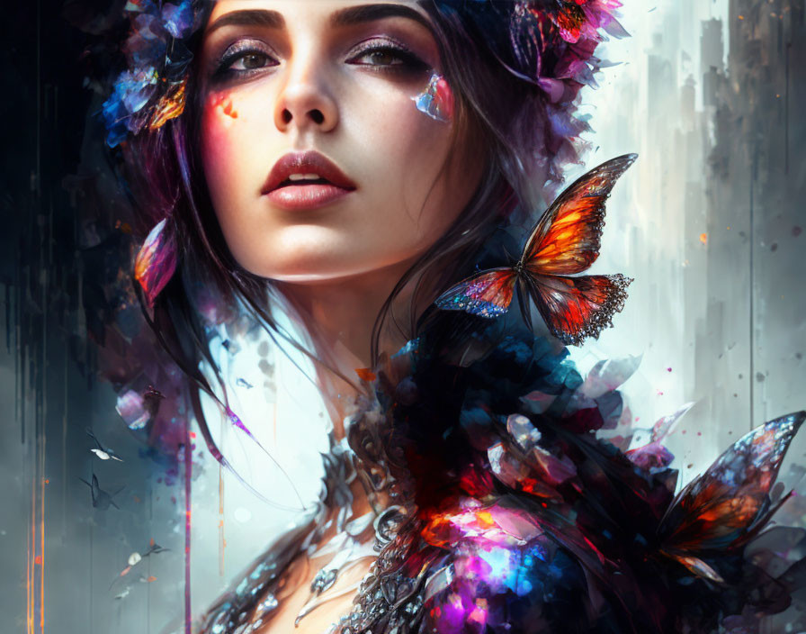 Woman with Flowers in Hair and Butterfly on Shoulder in Dreamy Setting