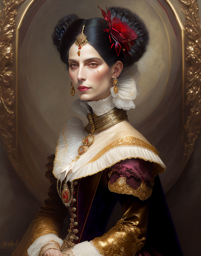Elaborate historical dress portrait of a regal woman.