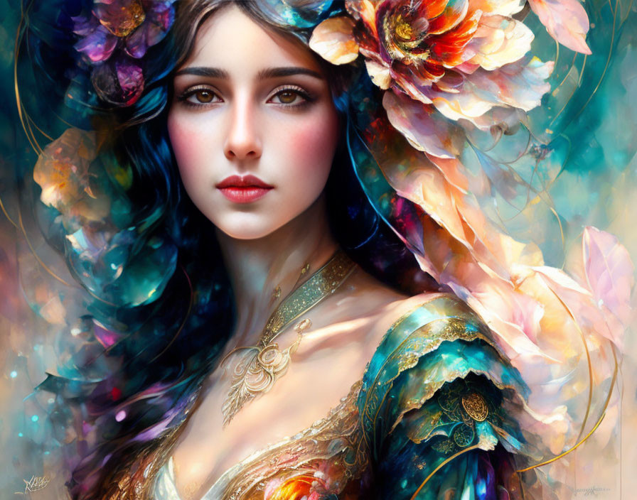 Colorful portrait of a woman with floral hair elements and intricate attire