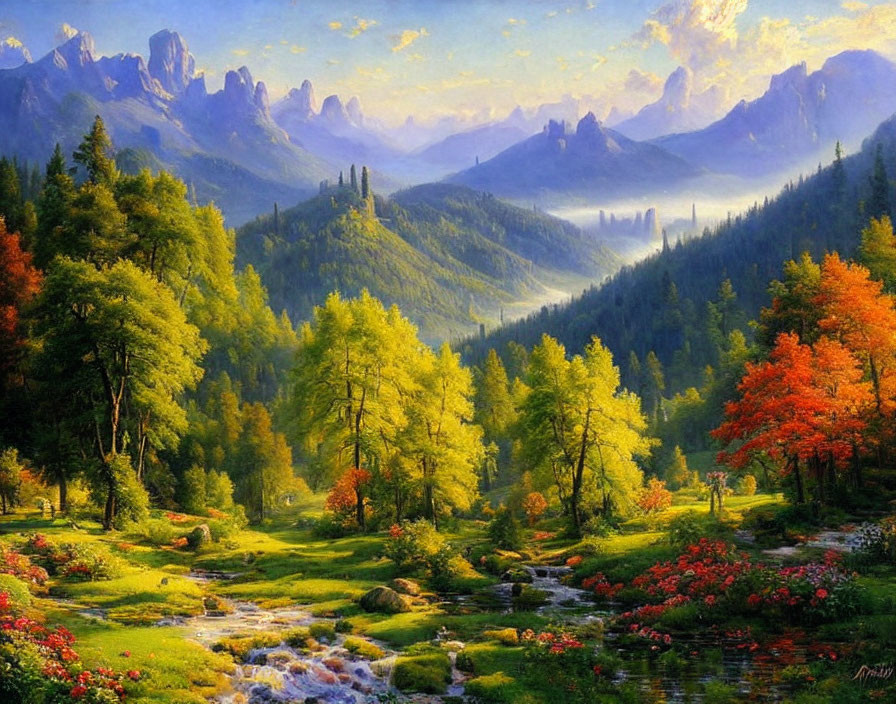 Vibrant forest scene with colorful trees, stream, and mountains