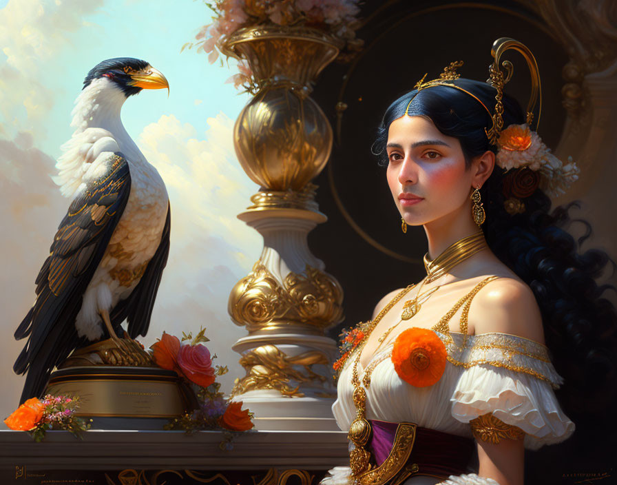 Regal woman with dark hair and golden jewelry beside a black and white bird