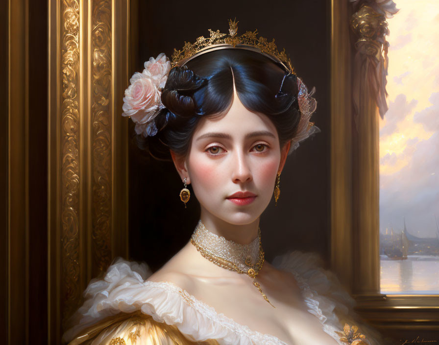 Portrait: Woman with Dark Hair, Gold Tiara, White Rose, White/Gold Dress