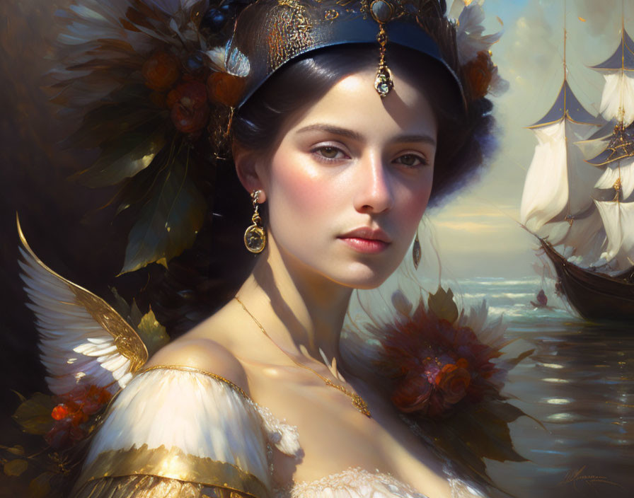 Ethereal portrait of a serene woman in elegant attire with floral and feather details against a coastal backdrop