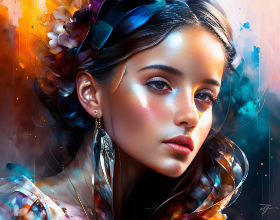 Colorful portrait of a young woman with luminous skin and expressive eyes