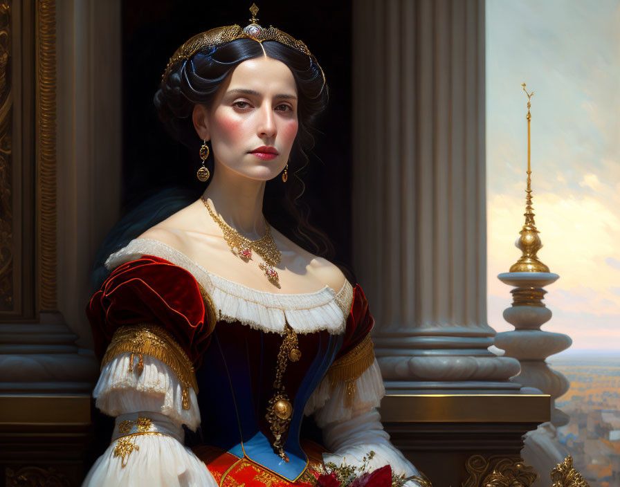 Regal woman in Renaissance gown with gold jewelry poses by cityscape