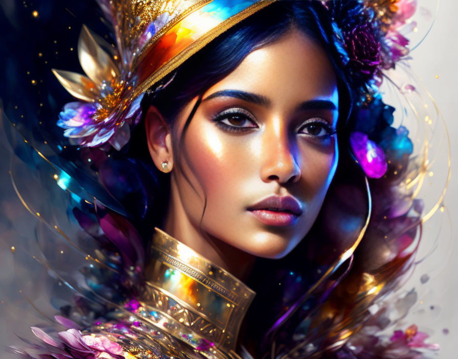 Elaborate golden headgear with colorful gemstones on a woman portrait