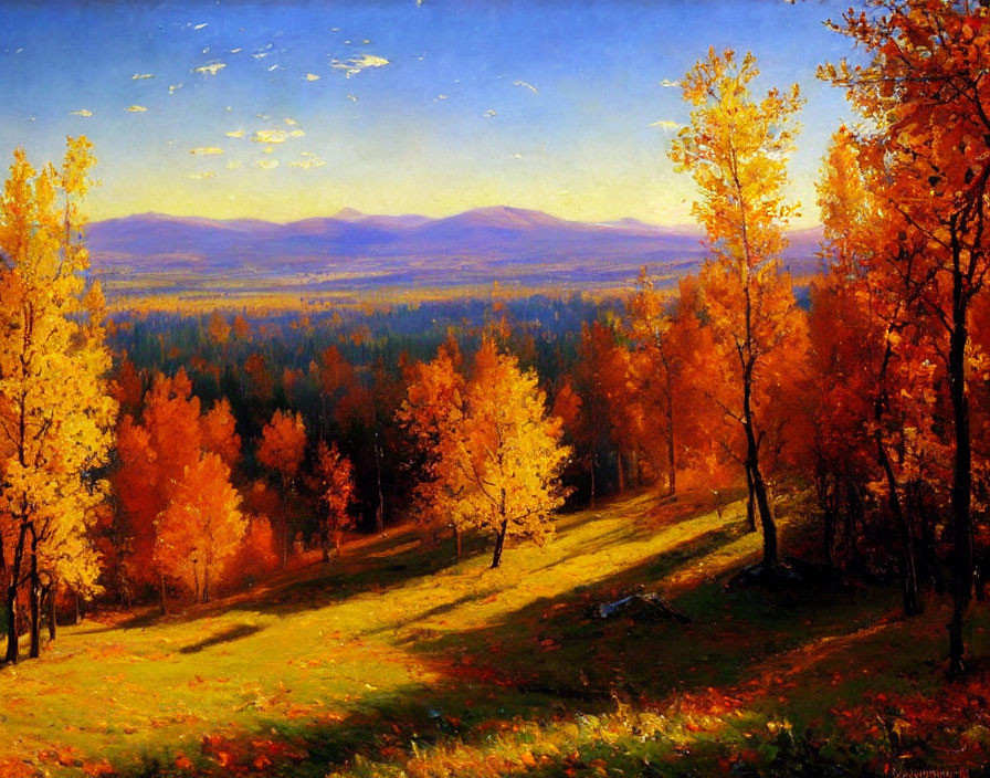 Vibrant autumn landscape painting with golden foliage, meadow, and blue mountains