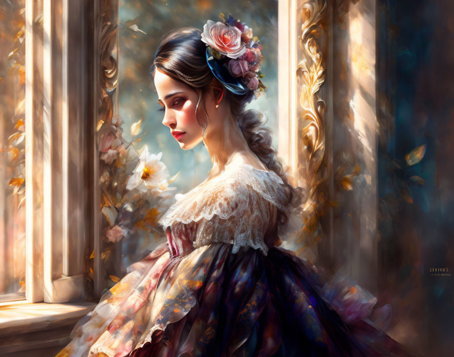 Vintage Floral Dress Woman Contemplating by Sunlit Window