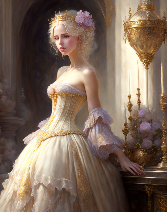 Regal woman in golden gown with floral adornments next to ornate lamp