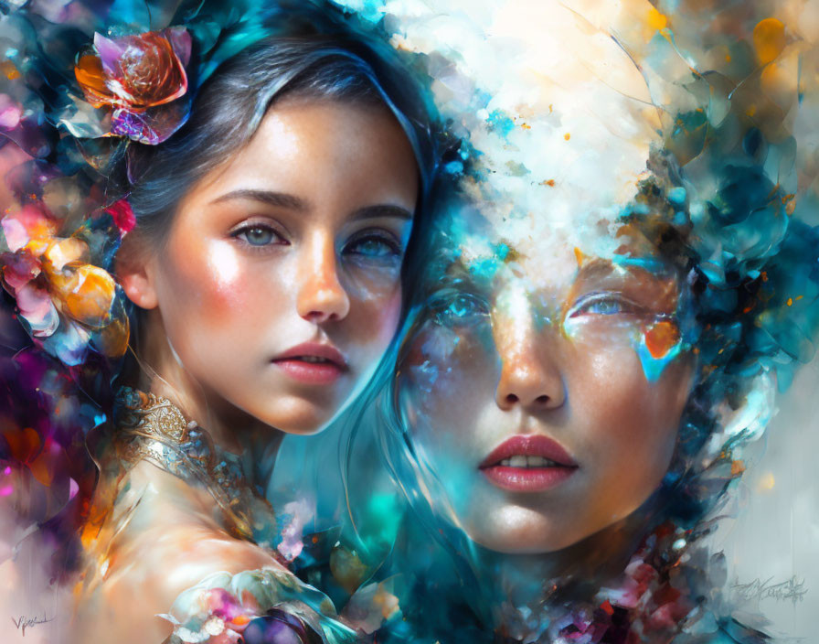 Ethereal women's faces merge with floral and cosmic elements