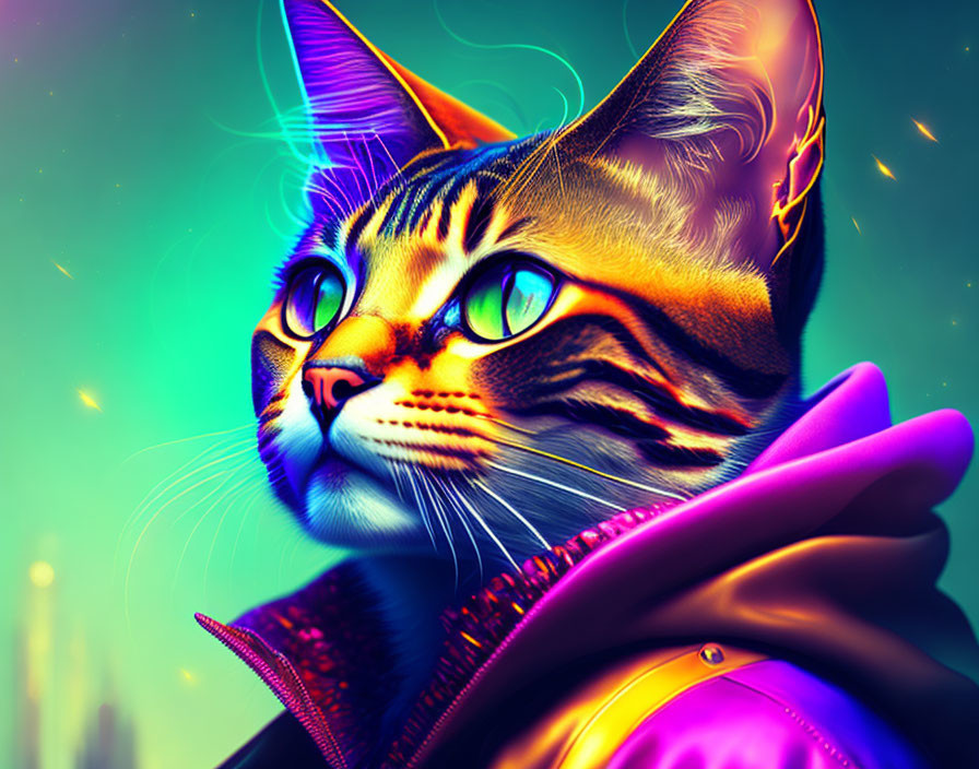 Colorful Digital Artwork: Cat with Human-like Features in Purple Jacket