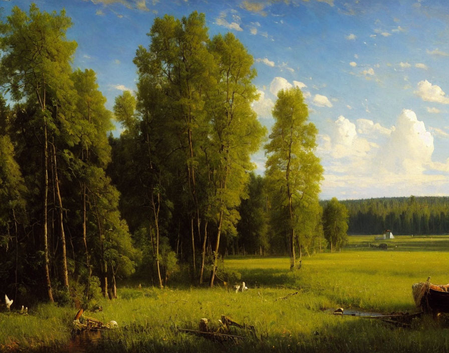 Tranquil landscape with lush forest, calm river, wooden boat, white birds, fields, and