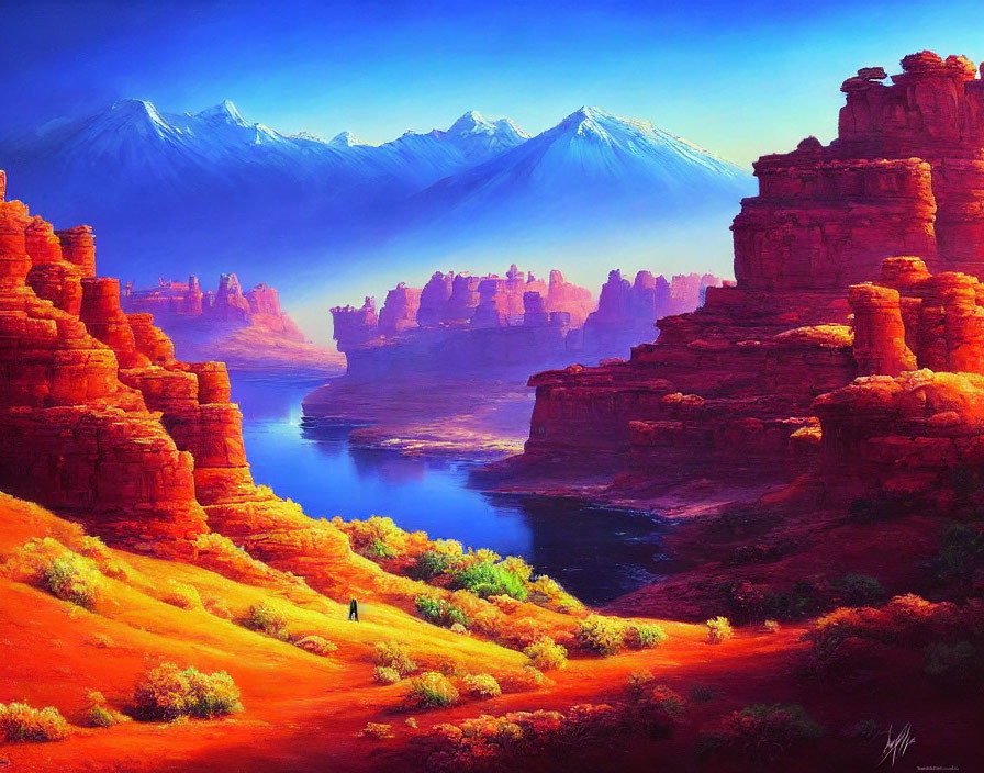 Colorful landscape: red rocks, blue river, orange terrain, snowy mountains