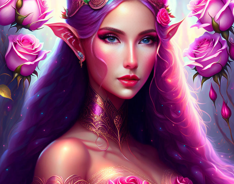 Fantastical female figure with purple hair, roses, glowing flowers, and golden tattoos