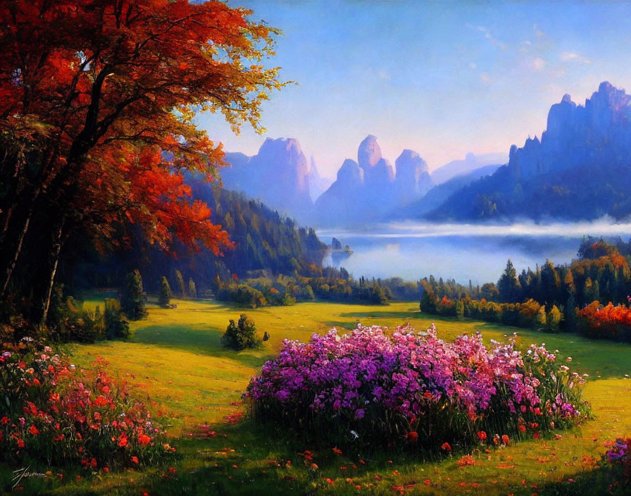 Colorful Flower Field Landscape with Mountains