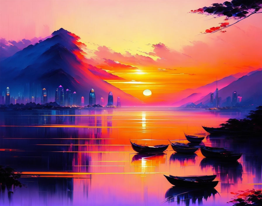 Colorful sunset digital art: mountain skyline, calm water, boats, futuristic city.