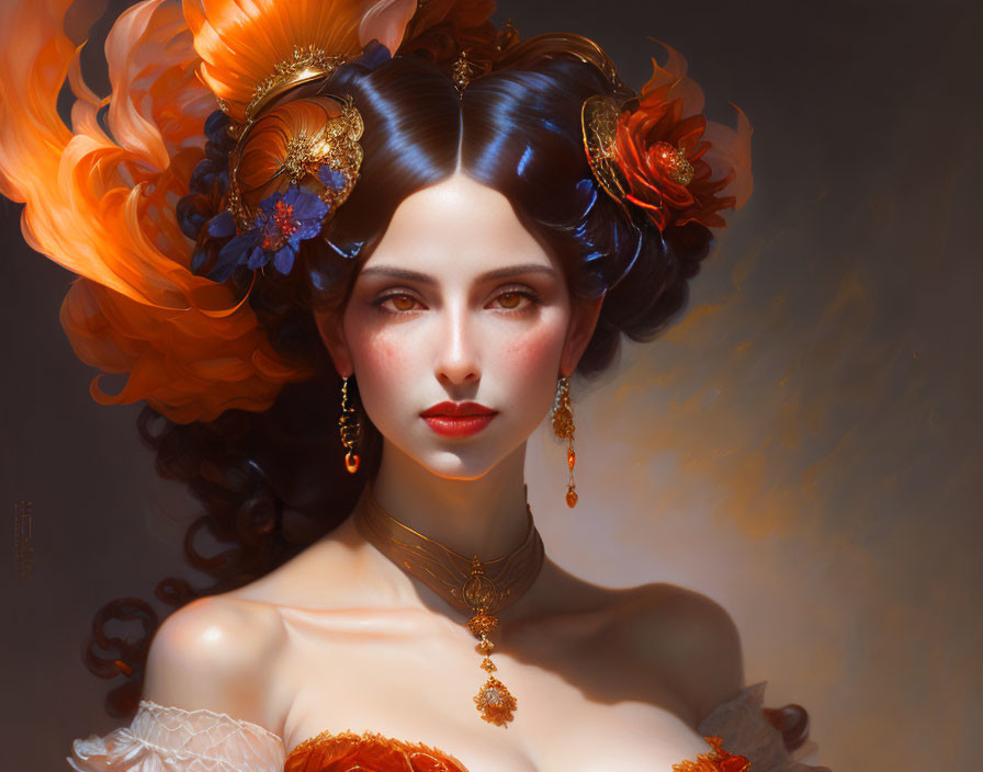 Dark-Haired Woman Adorned with Orange Flowers and Ornate Jewelry