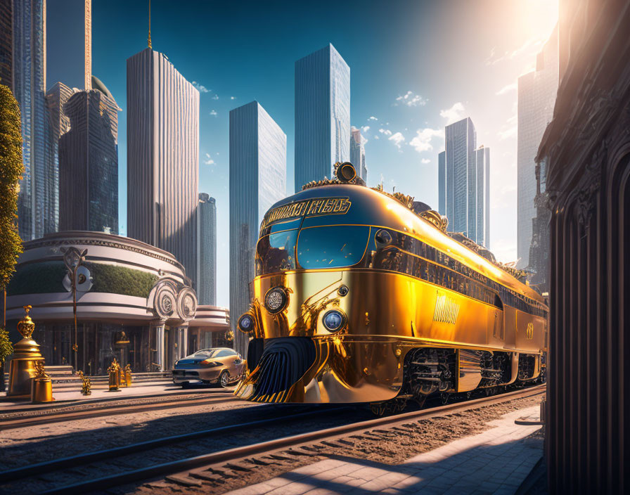 Vintage golden train labeled "Morning Express" in modern city with skyscrapers.