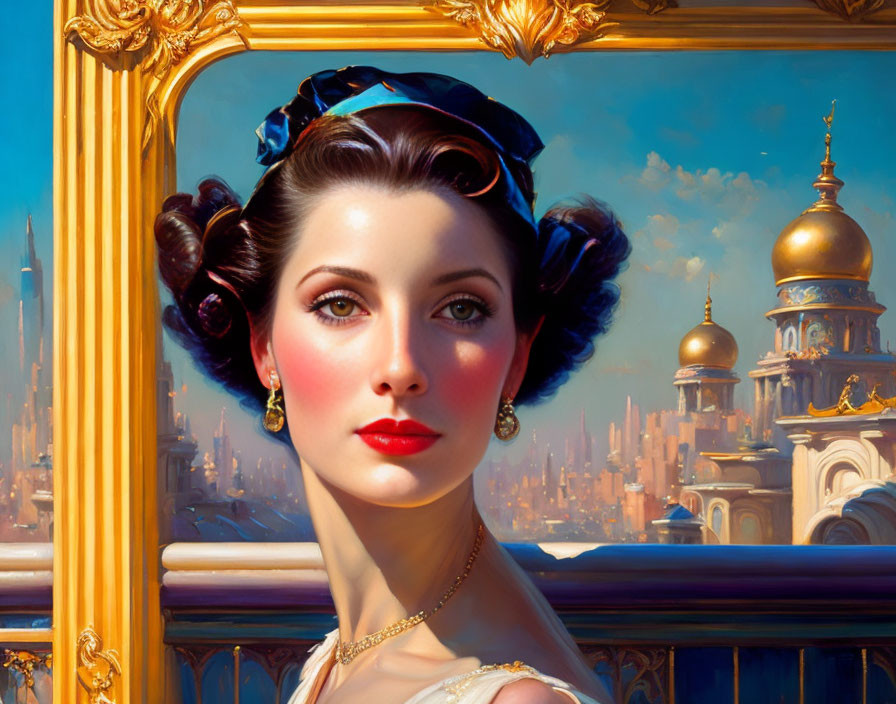 Portrait of woman with styled hair and blue accessory against fantastical cityscape.