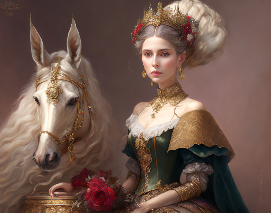 Regal Woman in Period Dress with White Horse and Ornate Jewelry
