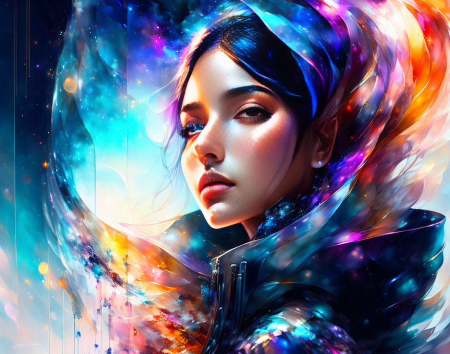 Vibrant cosmic swirls surrounding a woman in artistic portrait