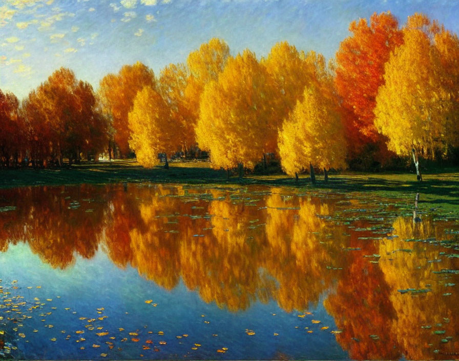 Vibrant autumn trees reflected in tranquil lake scene