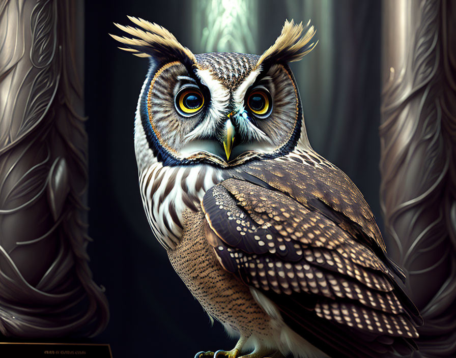 Realistic owl with prominent feathers and yellow eyes against dark soft-focused background