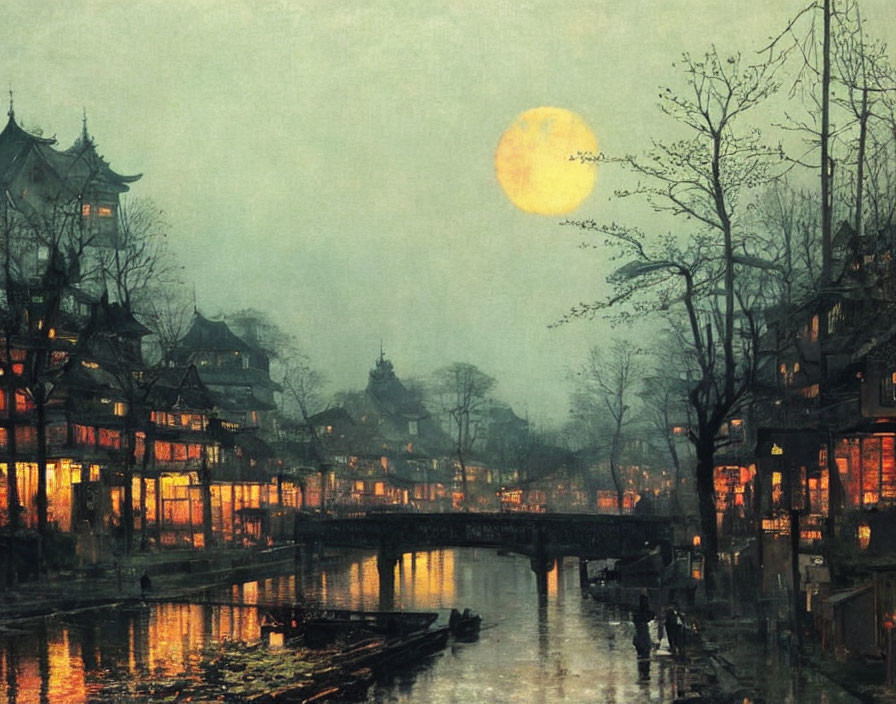 Old village by river at nightfall with traditional architecture and full moon.