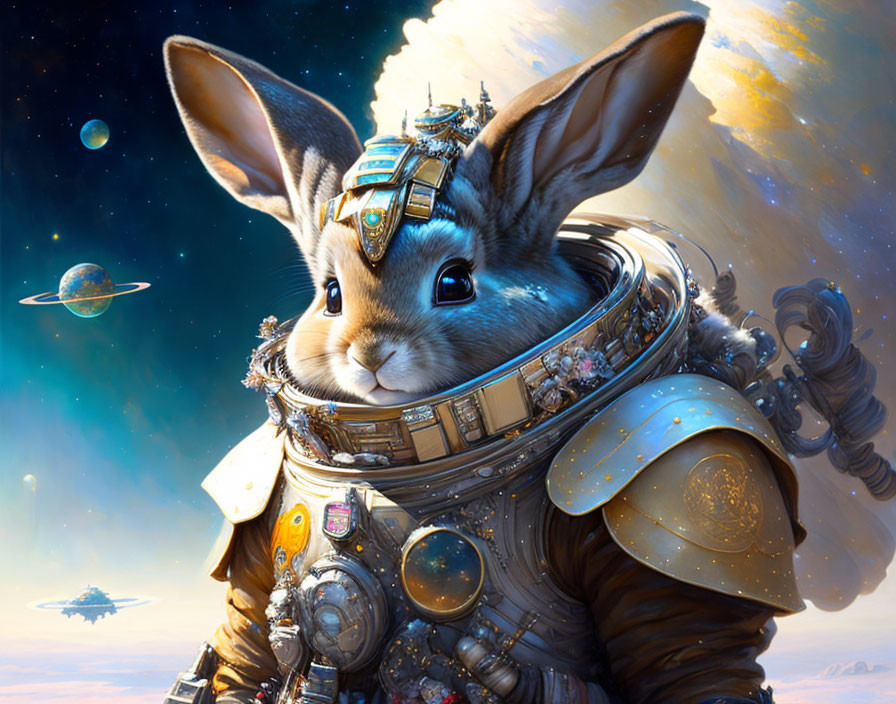 Colorful rabbit in sci-fi astronaut suit with futuristic gadgets on cosmic background.