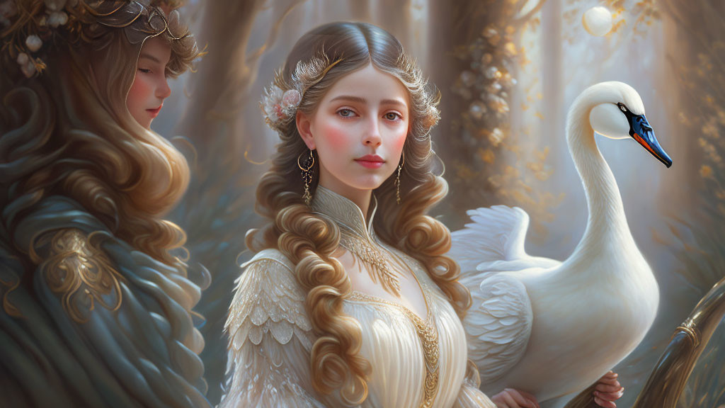 Illustration of woman with golden hair, feathered dress, swan, and second woman.