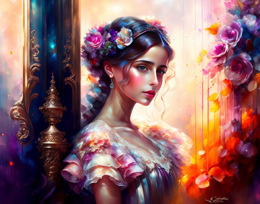 Digital art portrait of woman with flowers in hair by colorful ornate column