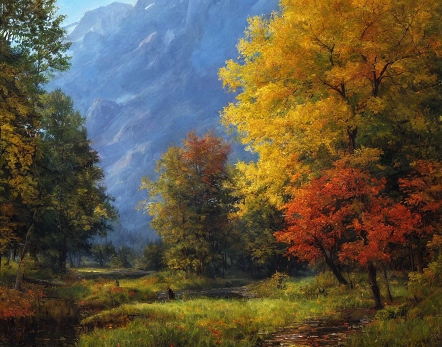 Scenic autumn landscape with vibrant foliage and mountain backdrop