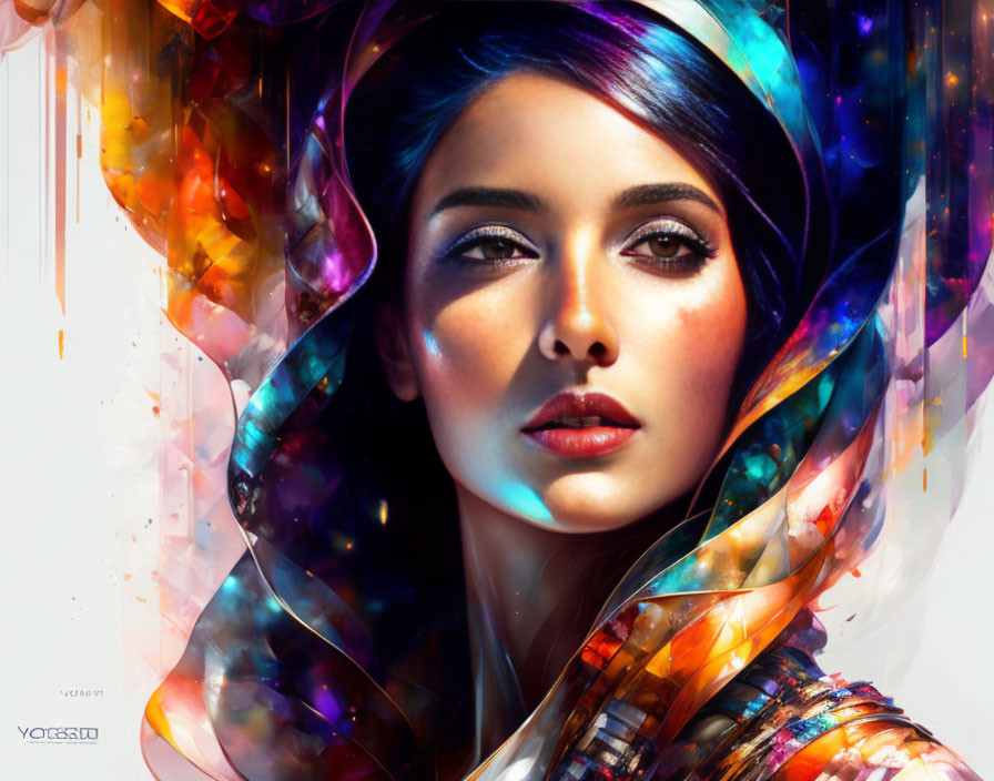 Colorful abstract digital portrait of a woman with swirling elements