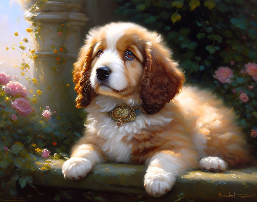 Fluffy Brown and White Puppy Resting in Rose Garden