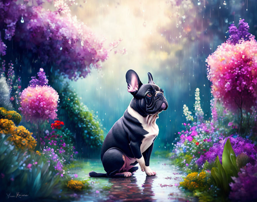 French Bulldog in blooming garden under gentle rain