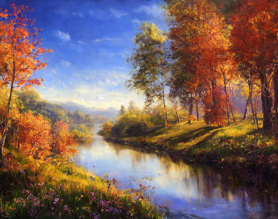 Tranquil autumn landscape with vibrant orange trees by calm river