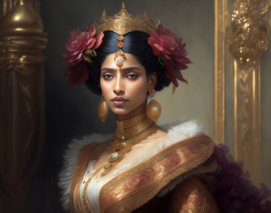 Regal woman in traditional attire with jewelry and fur-lined garment against dark background