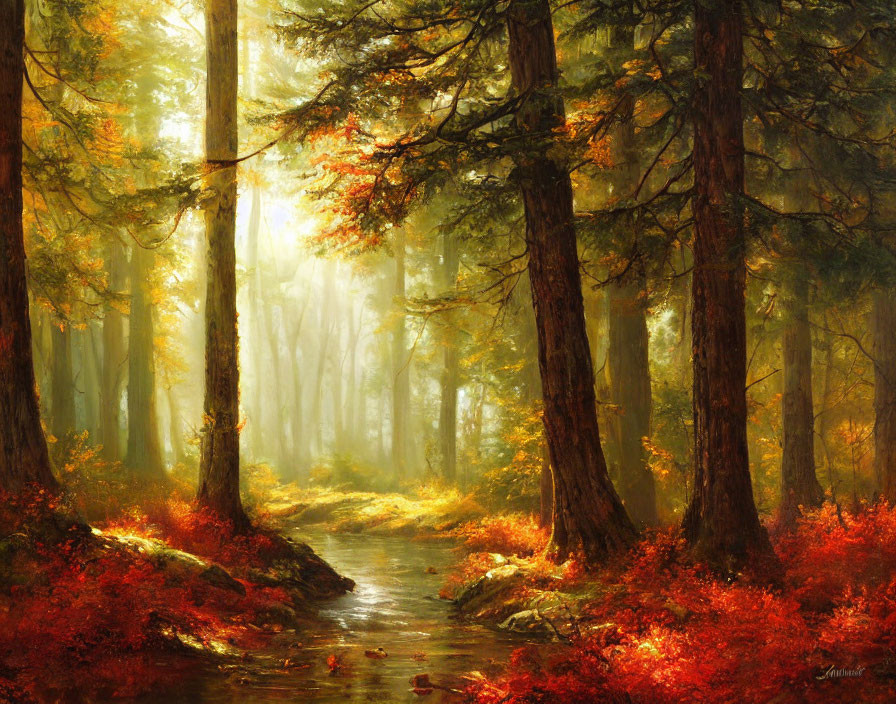 Dense Forest with Sunlight, Stream, and Red Foliage