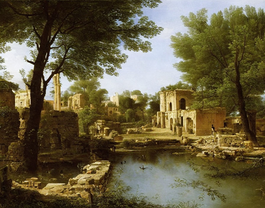 Tranquil pond, lush trees, ancient ruins under clear sky