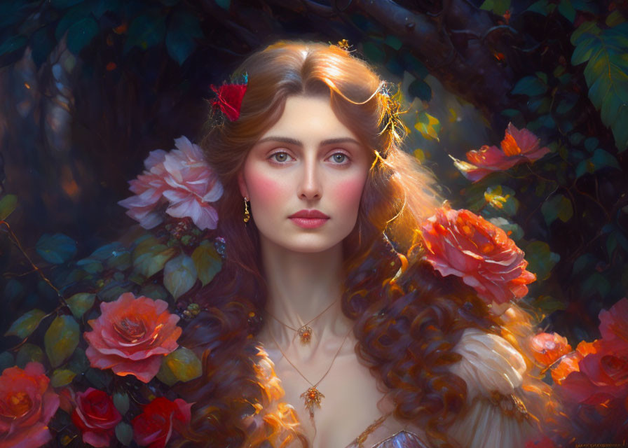 Digital painting of woman with flowing hair in luminous rose and leaf surroundings