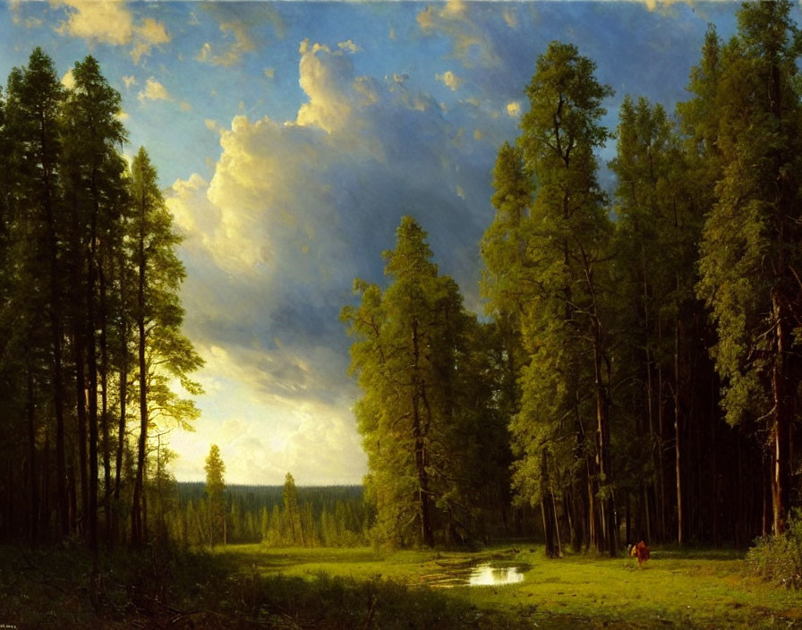 Tranquil forest landscape with tall trees, clearing, pond, and vivid sky